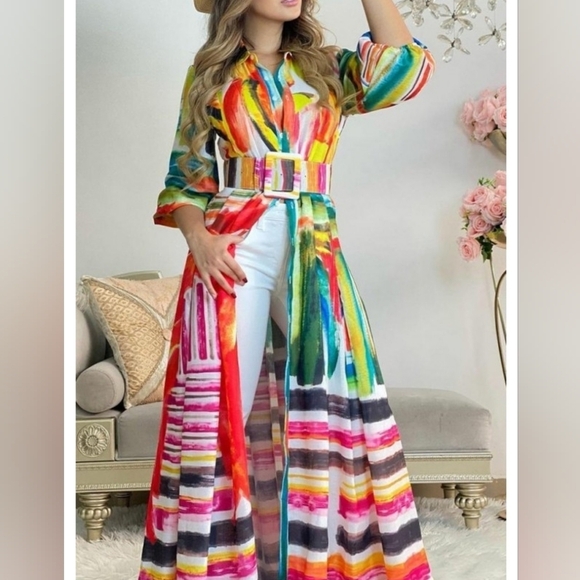 Boutique Colorful Printed 3/4 Sleeve Party Shirt Dress Stand Collar Belt Long - Picture 1 of 12